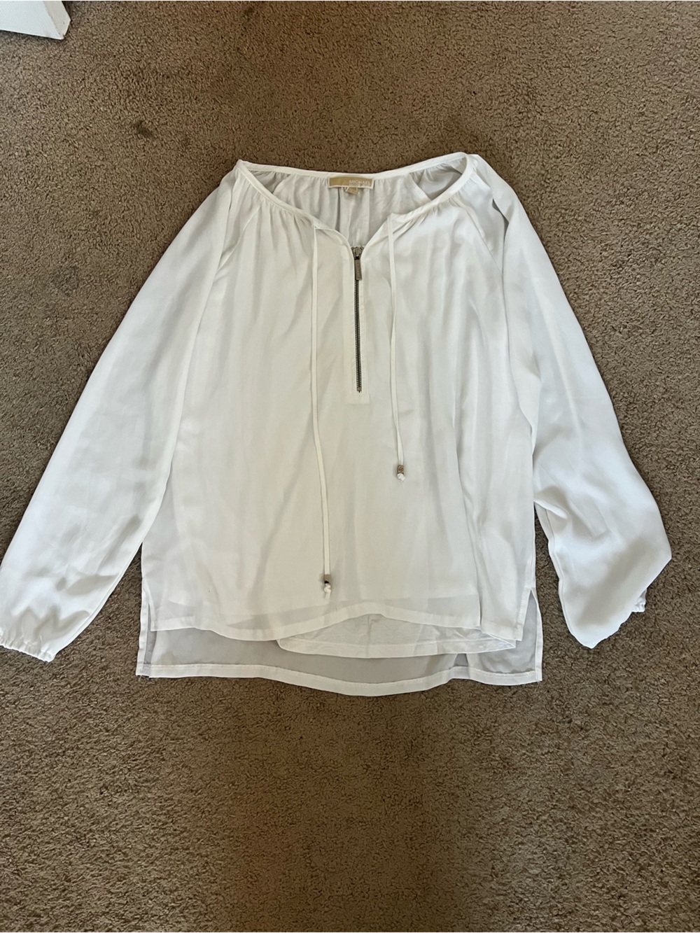 Michael Kors Lightweight White Peasant Blouse with Half-Zip